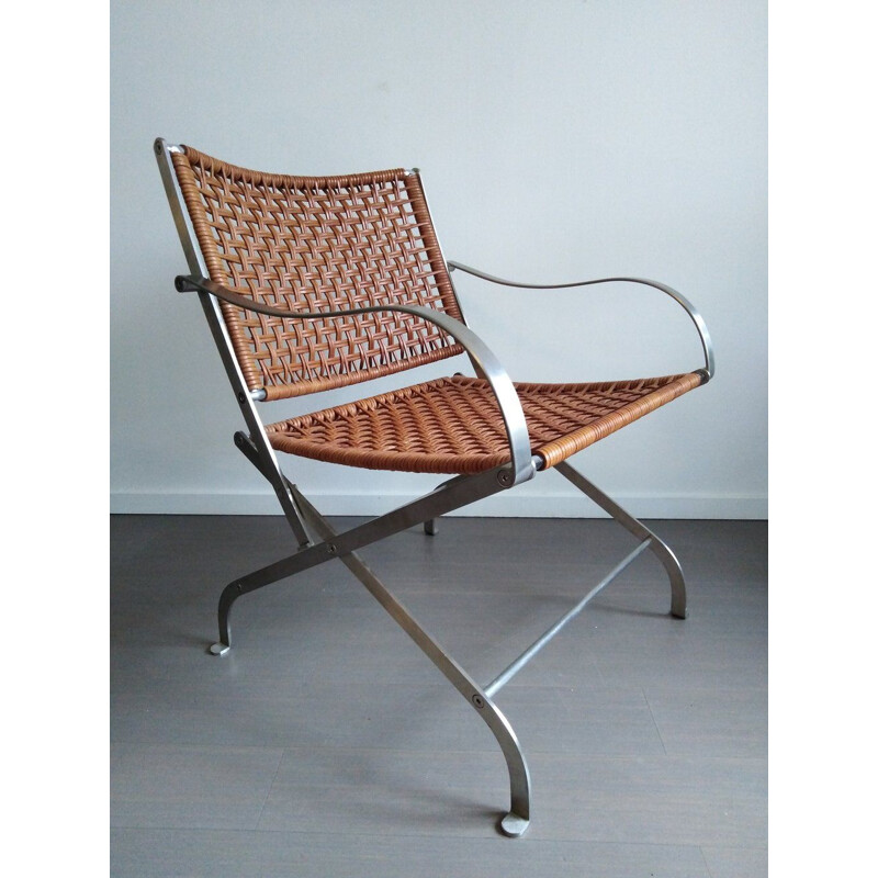 Flexform "carlotta" vintage lounge chair in staal en geweven leder van Antonio Citterio