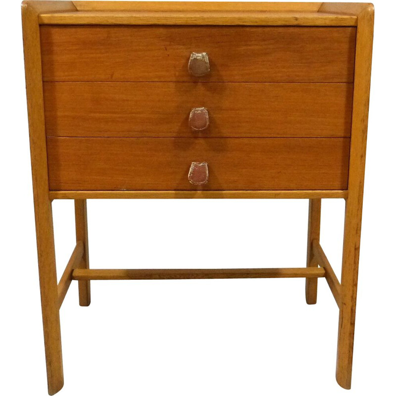 Vintage Teak side table with drawers and leather handles 1960s