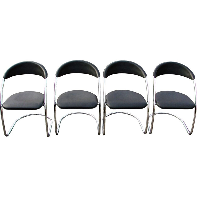 Set of 4 vinage chromed steel and natural leather chairs Italy 1970s