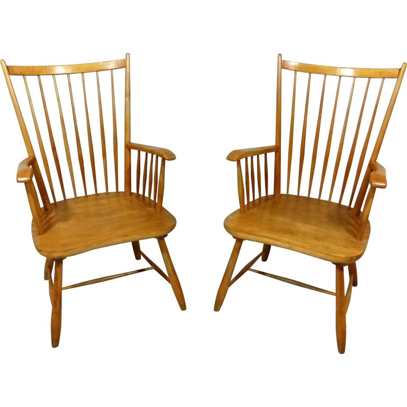 Pair of vintage beech wooden arm chairs Scandinavian 1960s