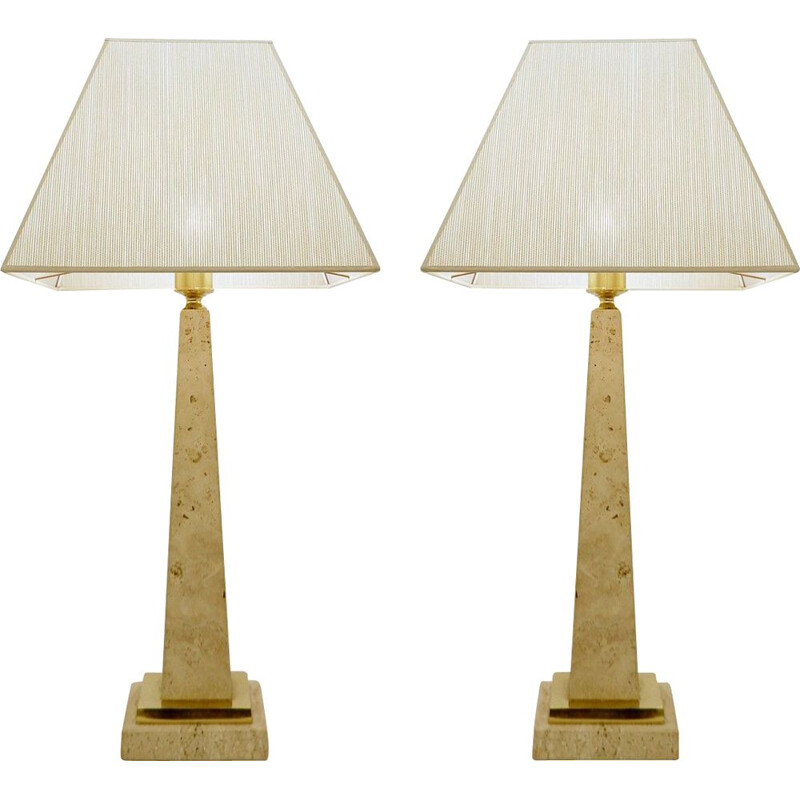 Paire de lampes de table vintage obélisque en travertin