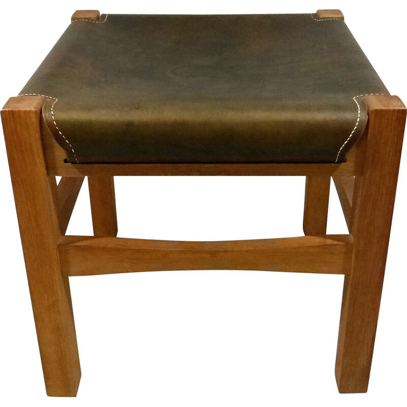 Tabouret vintage en bois robuste avec siège en cuir de selle, 1970