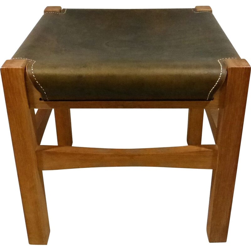 Vintage sturdy wooden stool with saddle leather seat, 1970