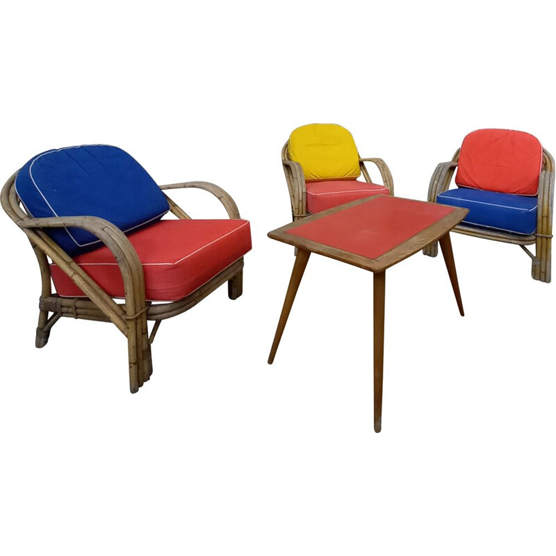 Set of 3 vintage rattan armchairs 1950s
