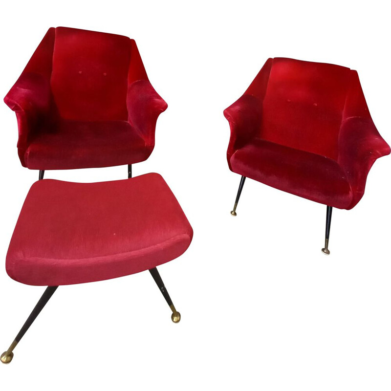 Pair of vintage armchairs with velvet ottoman, Italy 1950