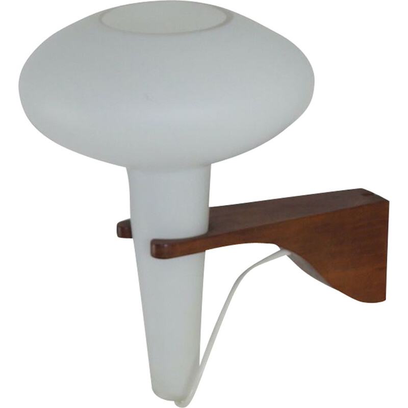 Vintage teak and white glass mushroom wall lamp by Artimeta, 1960