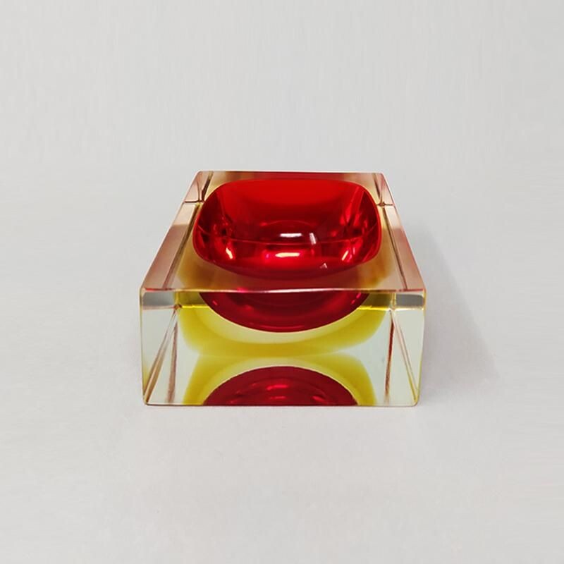 Cendrier vintage cubique rouge et jaune ou vide poche de Flavio Poli pour Seguso 1960