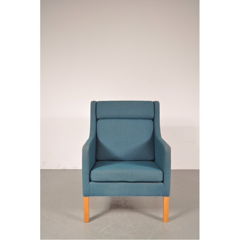 Deense Fredericia fauteuil in hout en blauwe stof, Børge MOGENSEN - 1960