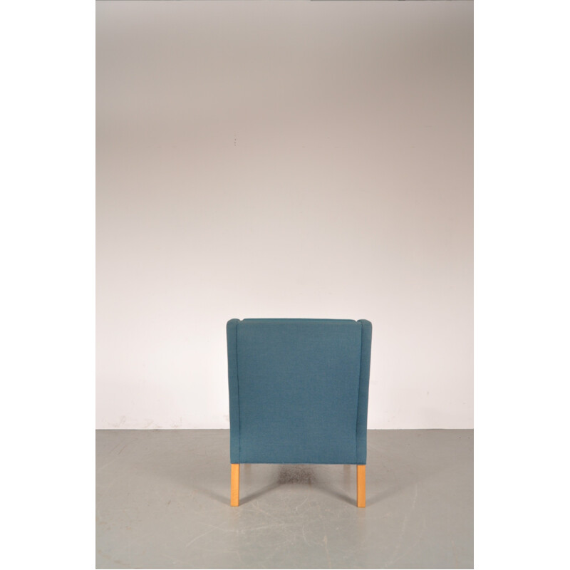 Deense Fredericia fauteuil in hout en blauwe stof, Børge MOGENSEN - 1960