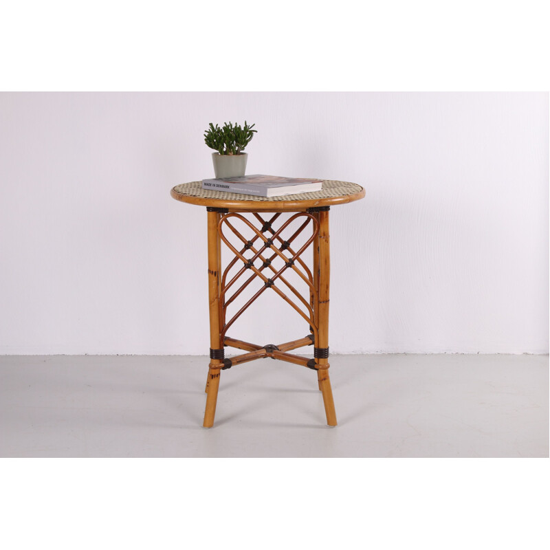 Vintage rattan and bamboo side table Bohème 1960