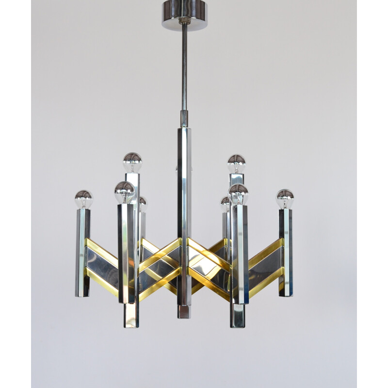 Italian ceiling lamp in brass and chromed metal, Gaetano SCIOLARI - 1960s