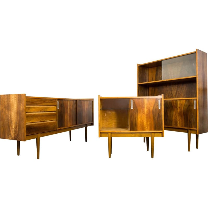 Set of vintage sideboard and mini bar and bookshelf N. 1050B By Bytomskie Fabryki Mebli