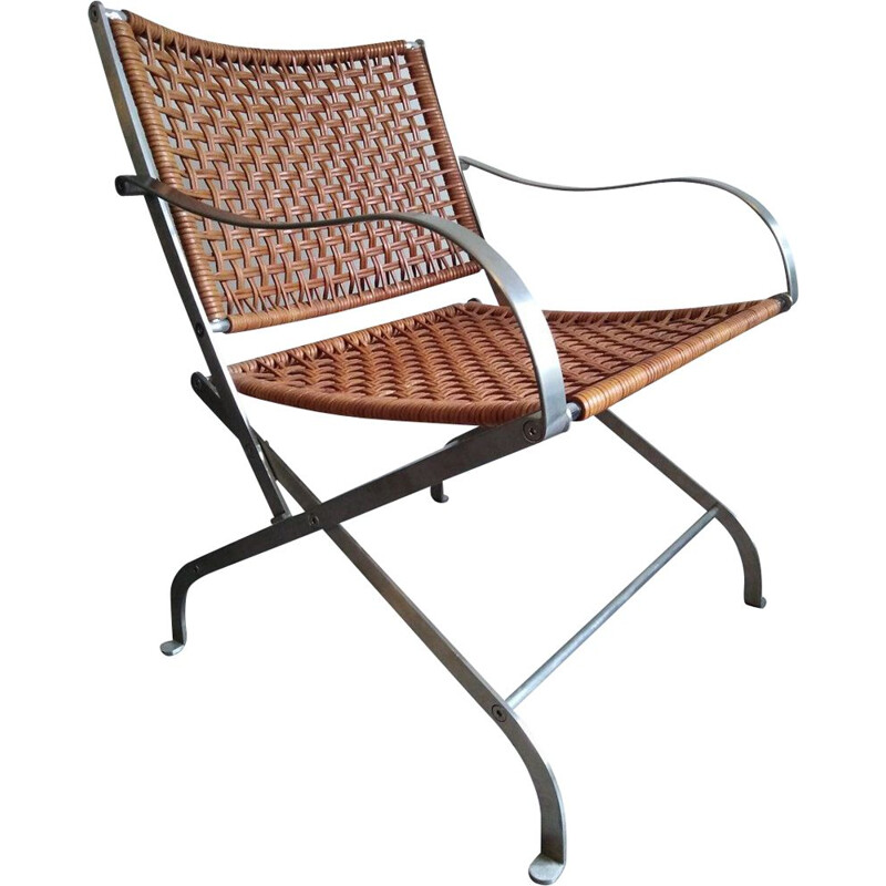 Flexform "carlotta" vintage lounge chair in staal en geweven leder van Antonio Citterio