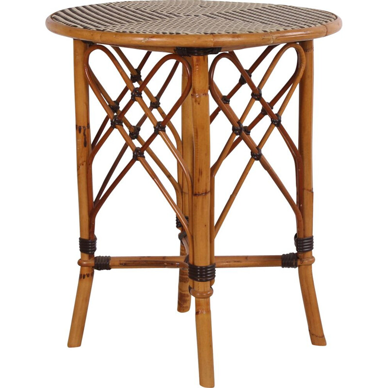 Vintage rattan and bamboo side table Bohème 1960