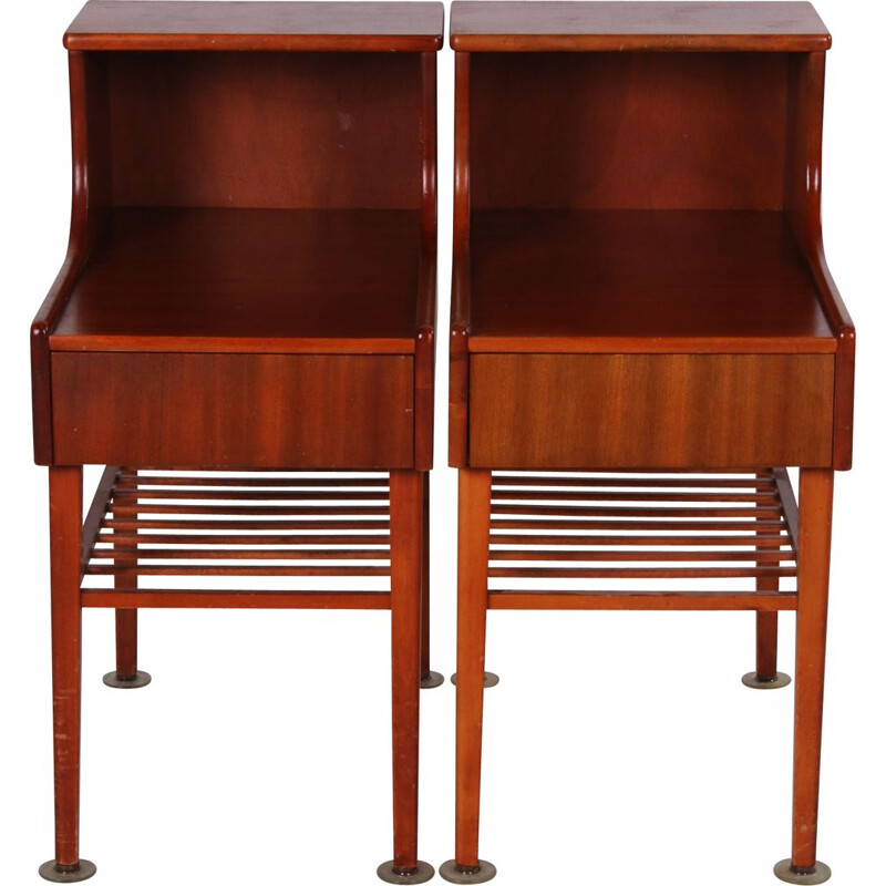 Pair of vintage bedside tables with drawer and wooden shelf, Denmark 1960 