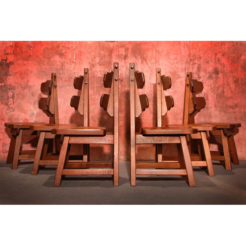 Set of 6 vintage solid oak chairs Brutalist 1970