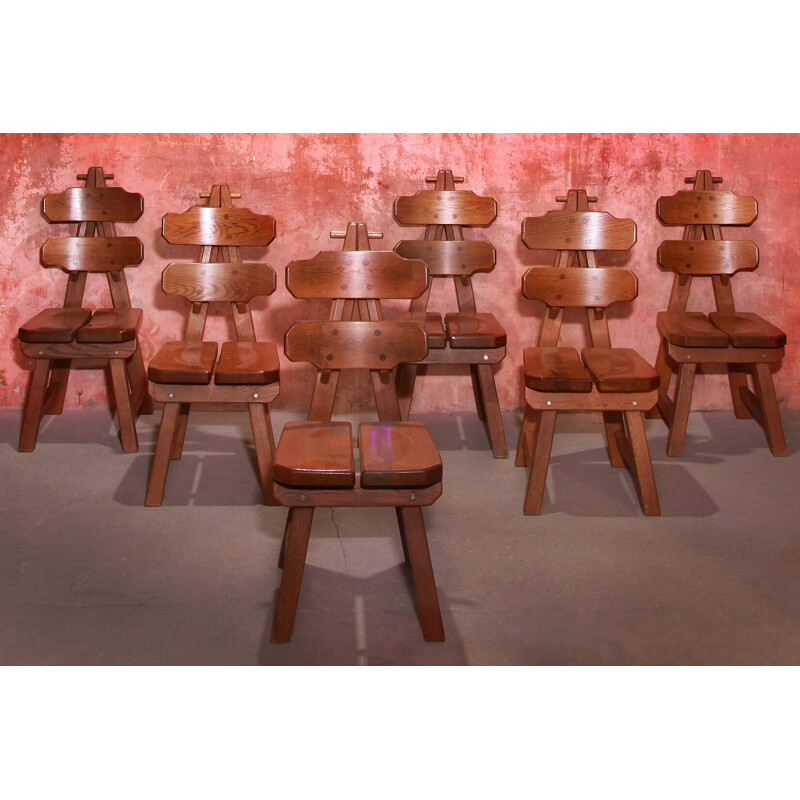 Set of 6 vintage solid oak chairs Brutalist 1970