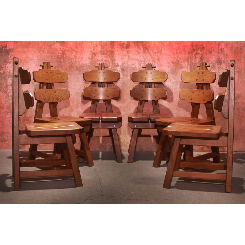 Set of 6 vintage solid oak chairs Brutalist 1970