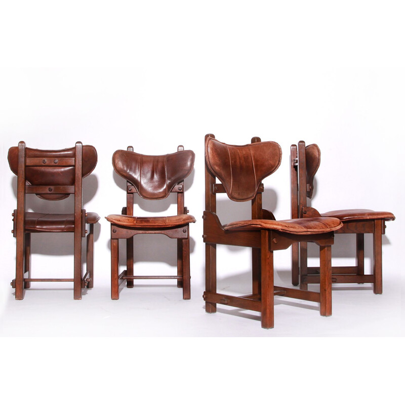 Set of 4 vintage leather and solid oak chairs Brutalist 1970