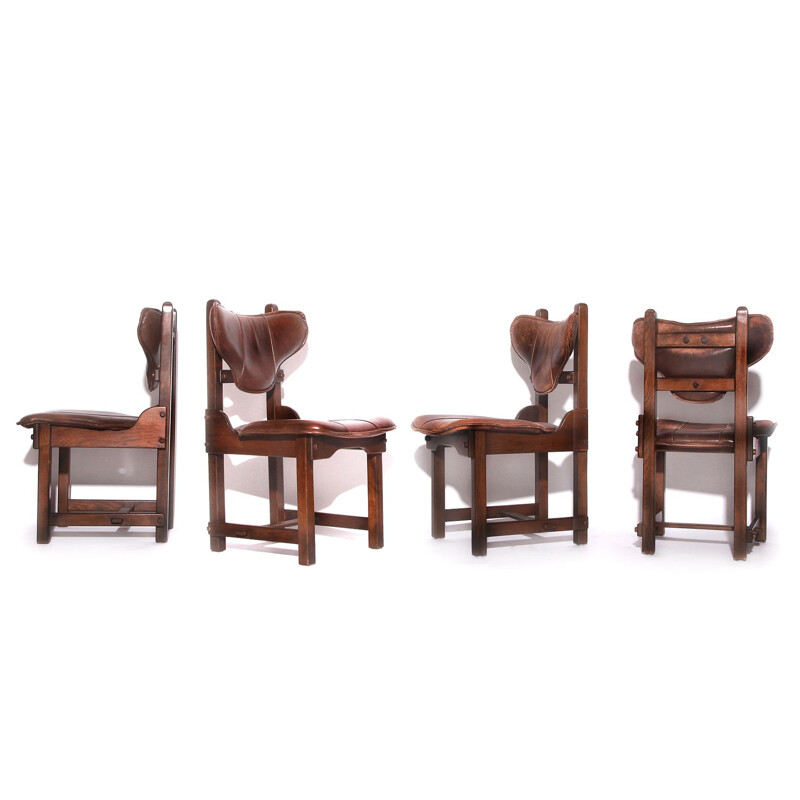 Set of 4 vintage leather and solid oak chairs Brutalist 1970