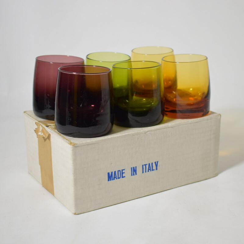 Set of 6 coloured vintage table glasses, Italy