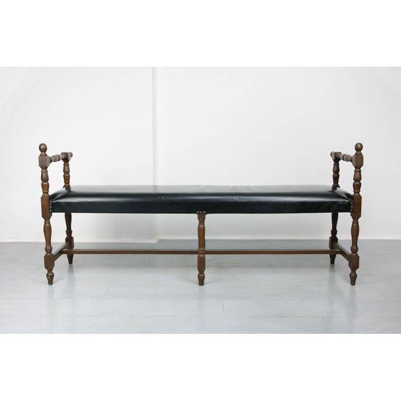 Vintage black leather window bench, France