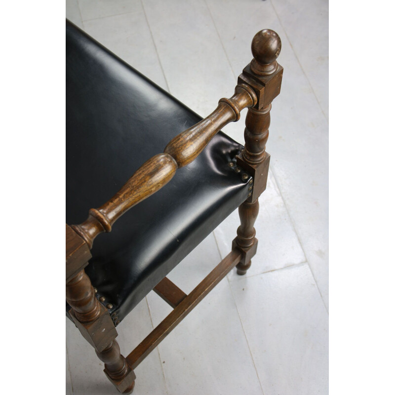 Vintage black leather window bench, France