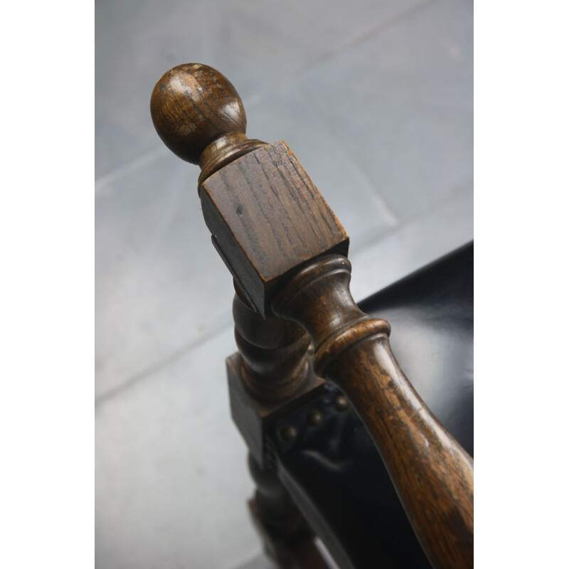 Vintage black leather window bench, France