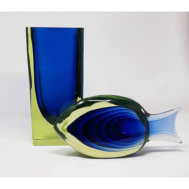Vase vintage en verre à l'uranium et poisson sculpté par Antonio Da Ros pour Cenedese, 1960
