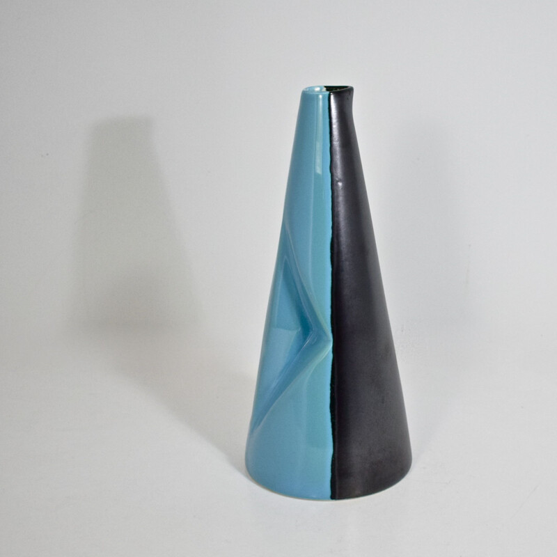 Vintage two-tone blue and black glazed ceramic pitcher, Vallauris, cubist