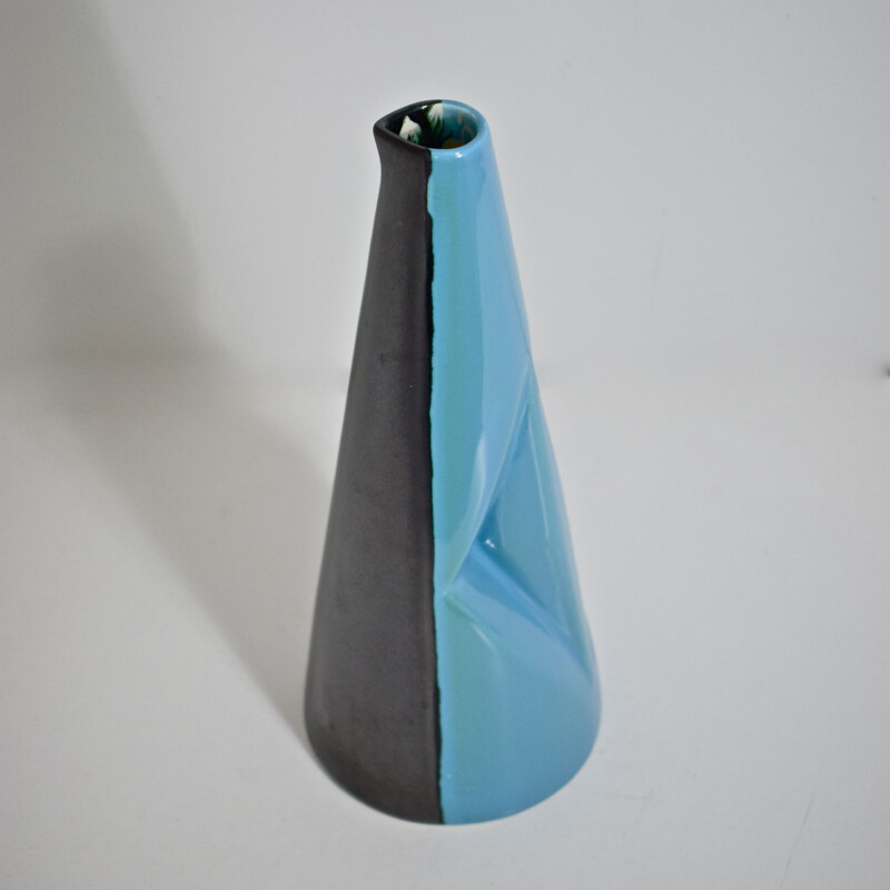 Vintage two-tone blue and black glazed ceramic pitcher, Vallauris, cubist