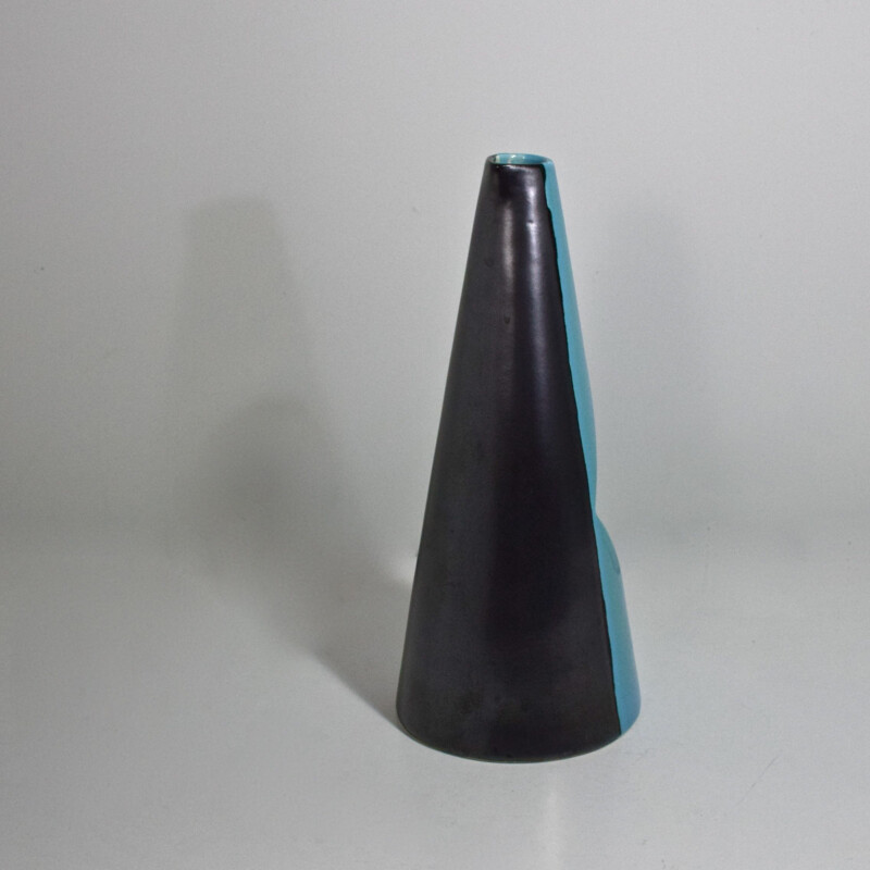 Vintage two-tone blue and black glazed ceramic pitcher, Vallauris, cubist