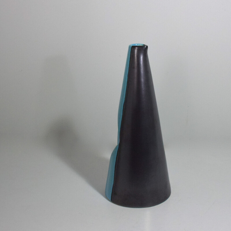 Vintage two-tone blue and black glazed ceramic pitcher, Vallauris, cubist