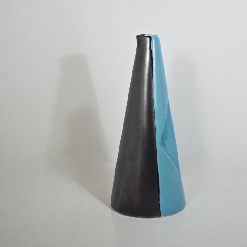 Vintage two-tone blue and black glazed ceramic pitcher, Vallauris, cubist