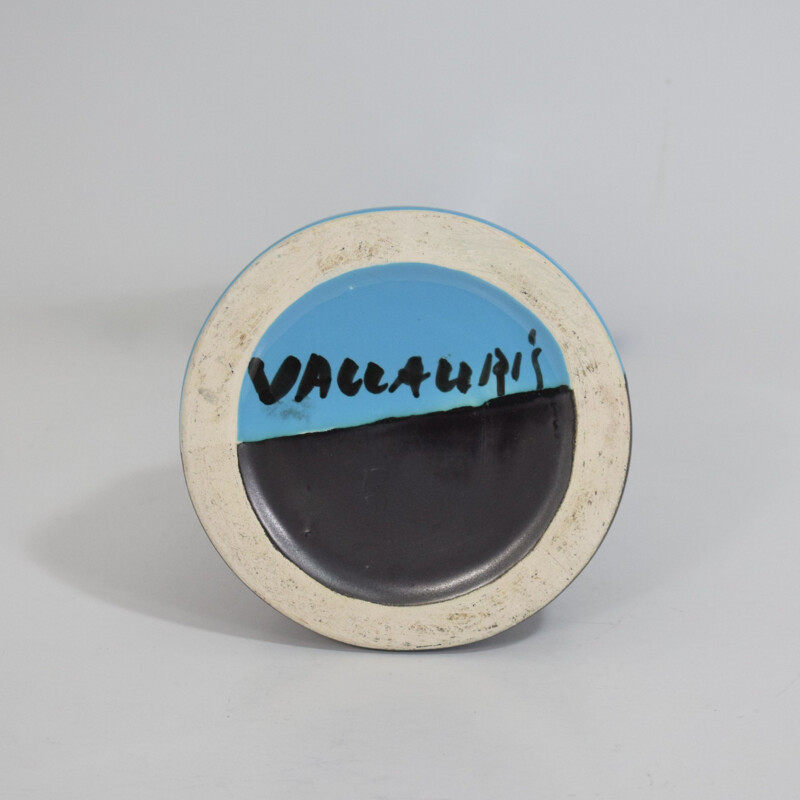 Pichet vintage en céramique émaillée bicolore, bleu et noir, Vallauris, cubiste