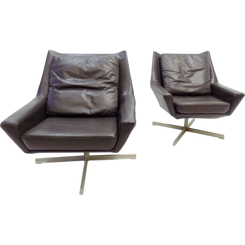 Paire de fauteuils lounge vintage en cuir brun par W.Knoll 1960