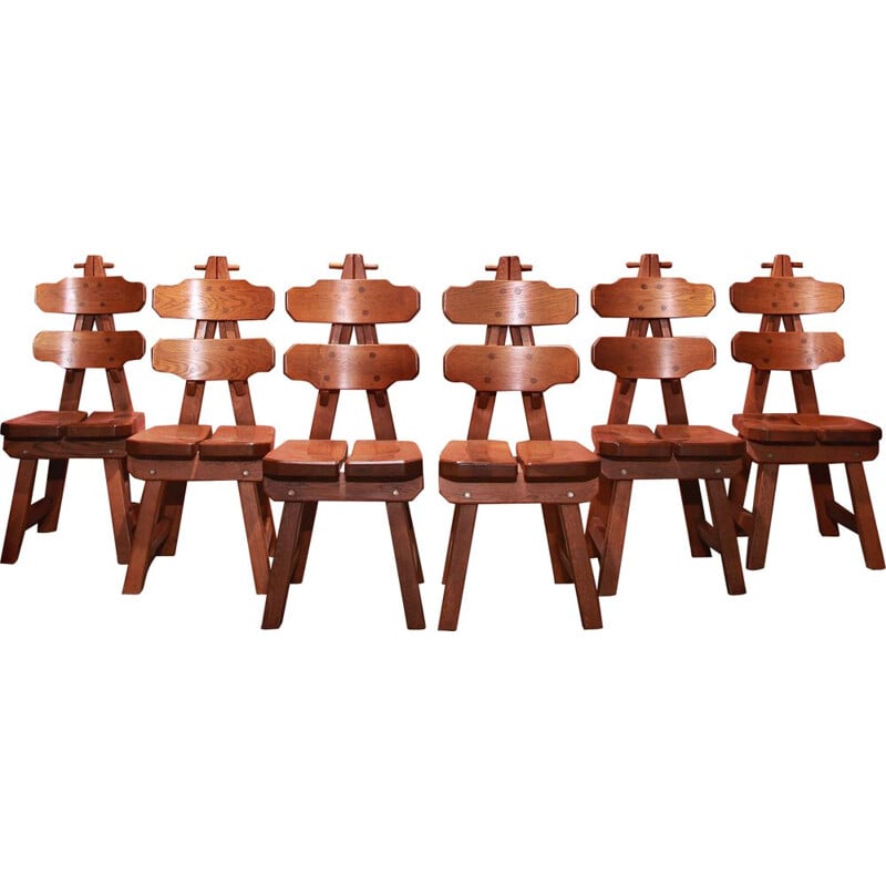 Set of 6 vintage solid oak chairs Brutalist 1970