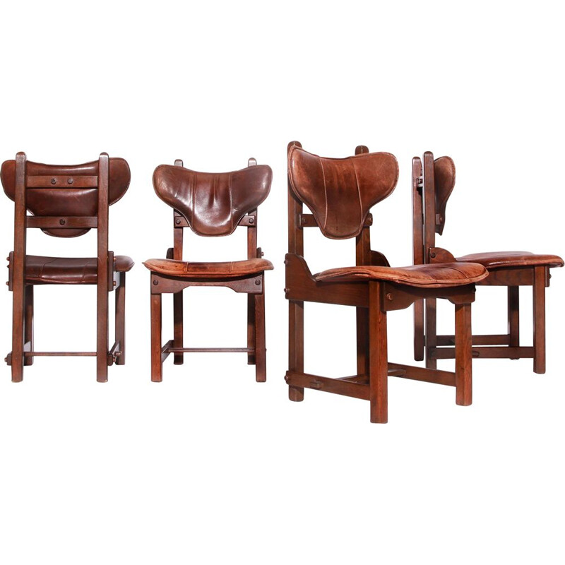 Set of 4 vintage leather and solid oak chairs Brutalist 1970