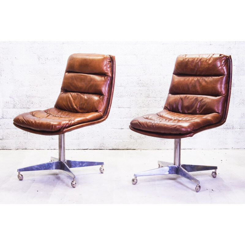 Pair of vintage Cognac Leather Swivel Chairs