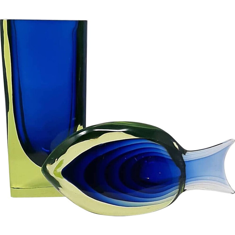 Vase vintage en verre à l'uranium et poisson sculpté par Antonio Da Ros pour Cenedese, 1960