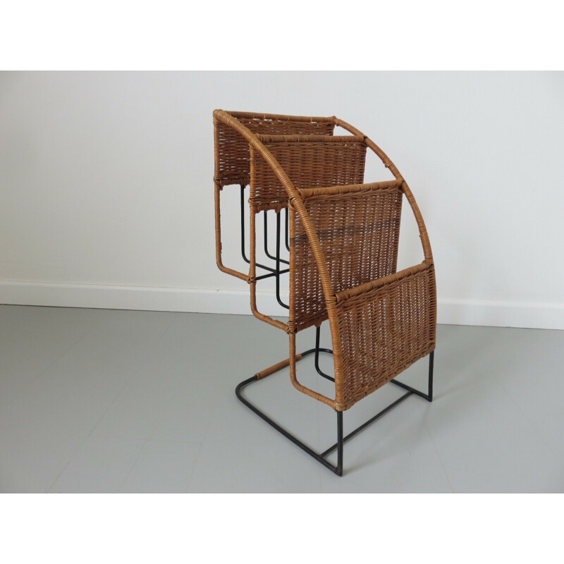 Vintage Raoul Guys magazine rack rattan and lacquered metal 1950s