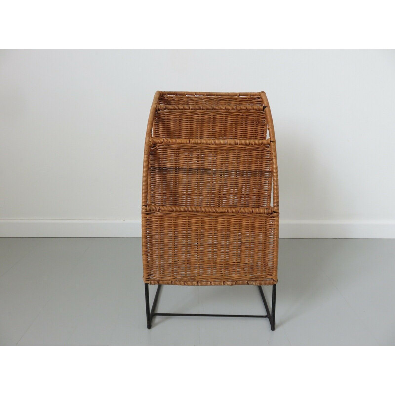 Vintage Raoul Guys magazine rack rattan and lacquered metal 1950s