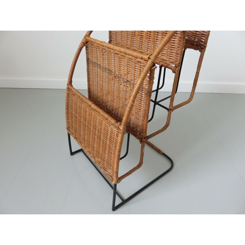 Vintage Raoul Guys magazine rack rattan and lacquered metal 1950s