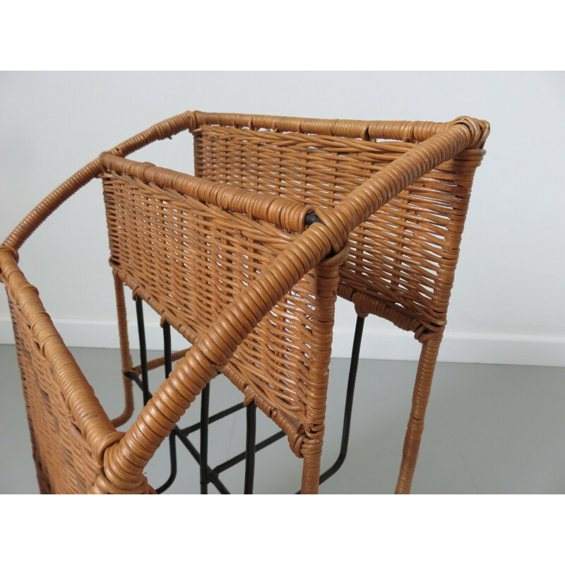 Vintage Raoul Guys magazine rack rattan and lacquered metal 1950s