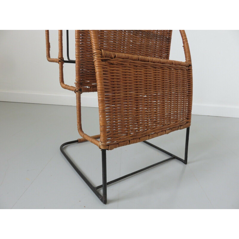 Vintage Raoul Guys magazine rack rattan and lacquered metal 1950s