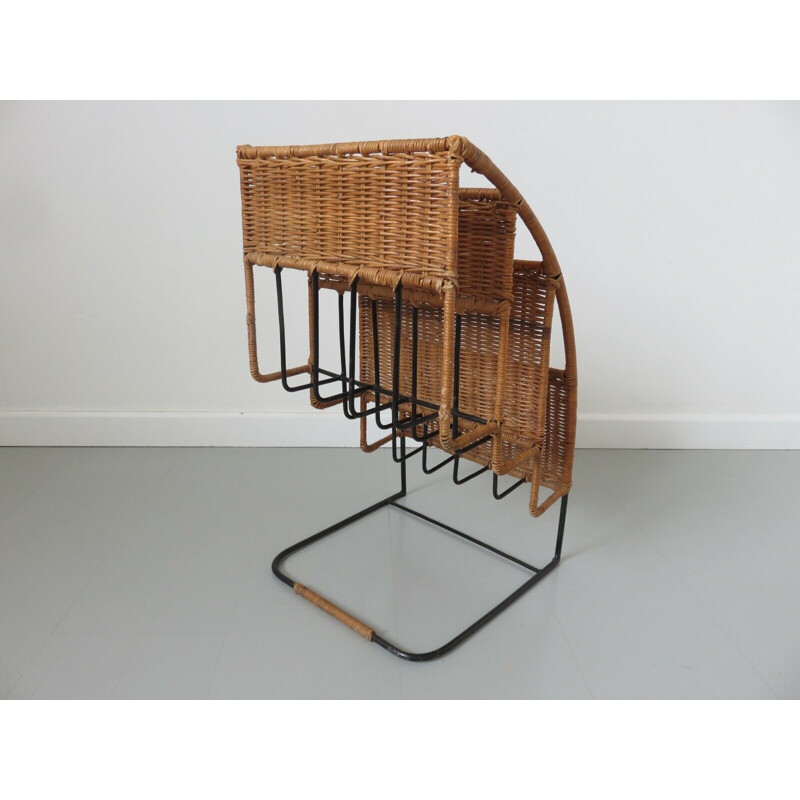 Vintage Raoul Guys magazine rack rattan and lacquered metal 1950s