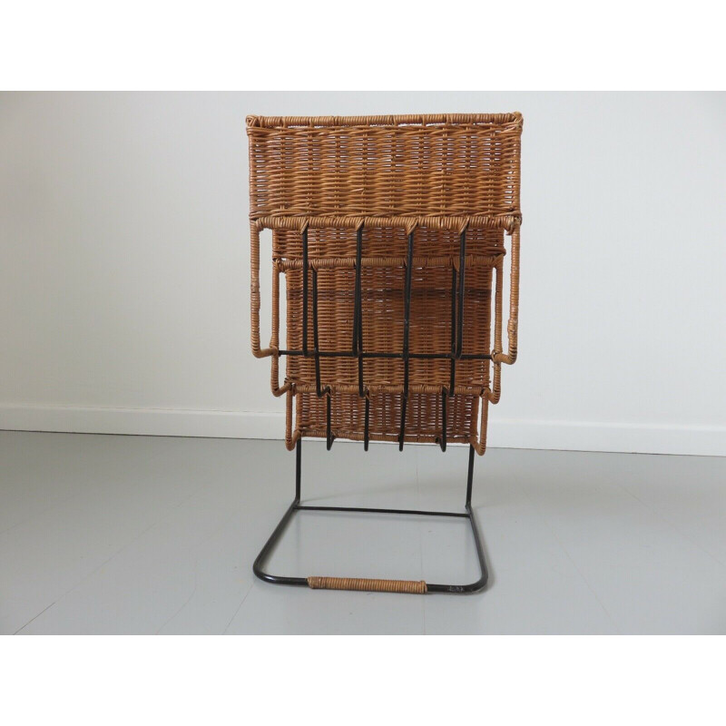 Vintage Raoul Guys magazine rack rattan and lacquered metal 1950s