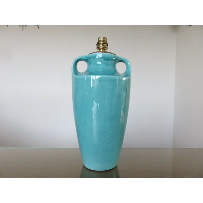 Lampe amphore vintage en céramique craquelée bleue turquoise 1960