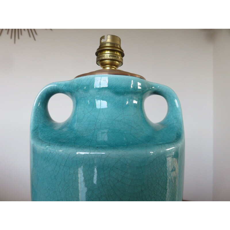 Lampe amphore vintage en céramique craquelée bleue turquoise 1960