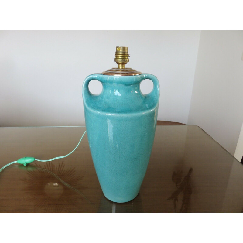 Vintage blue turquoise cracked ceramic amphora lamp 1960s